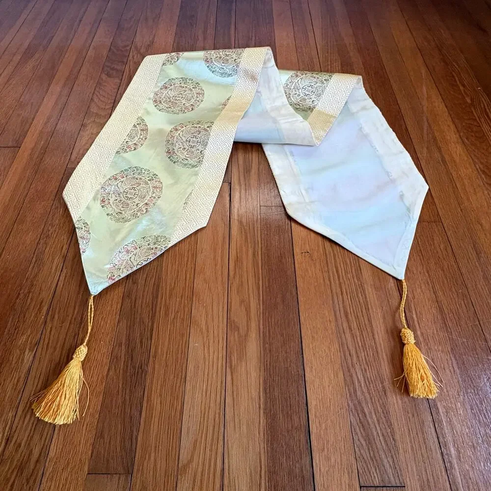Vintage Asian Silk Brocade Table Runner Gold Tassels Chinoiserie